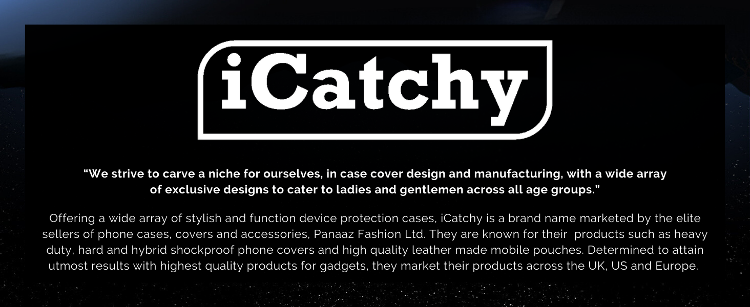 iCatchy brand logo and marketing text in white against black background, featuring company information and business description.