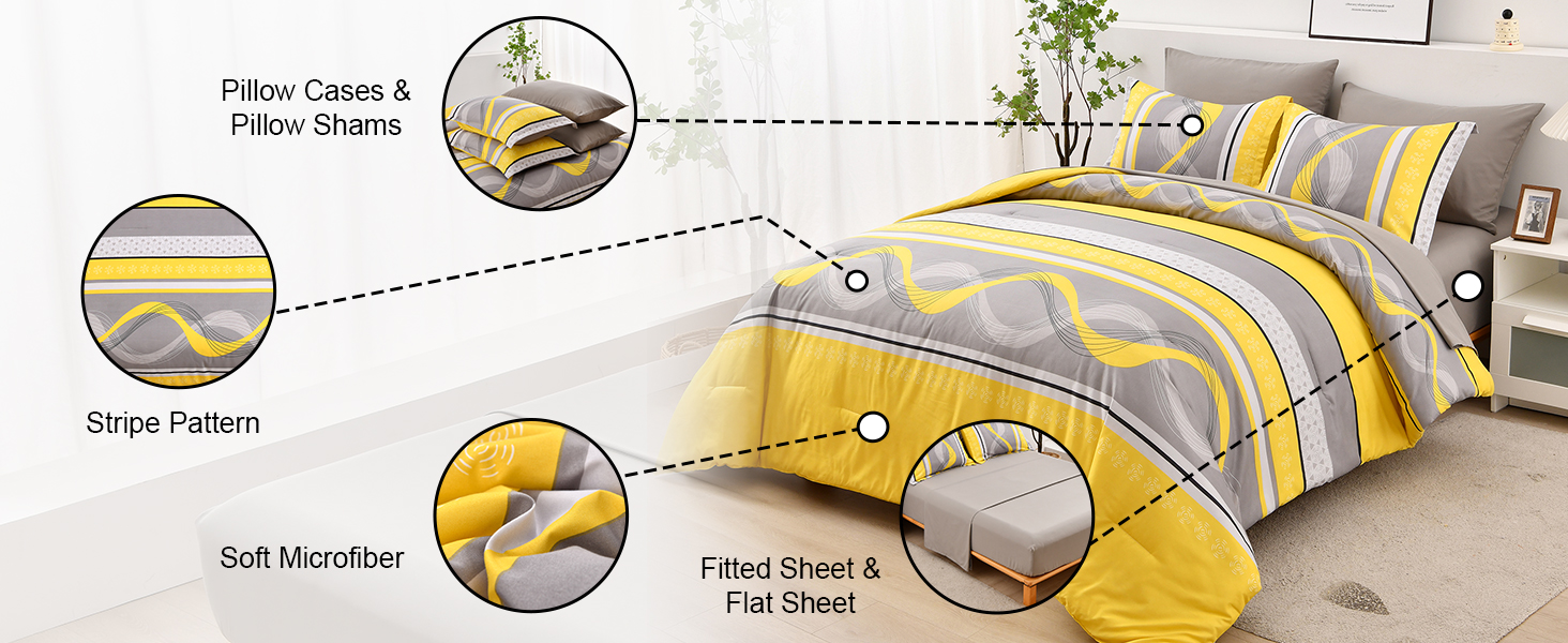 Stripe Comforter Set Queen Size 7 Pieces,Bed in a Bag