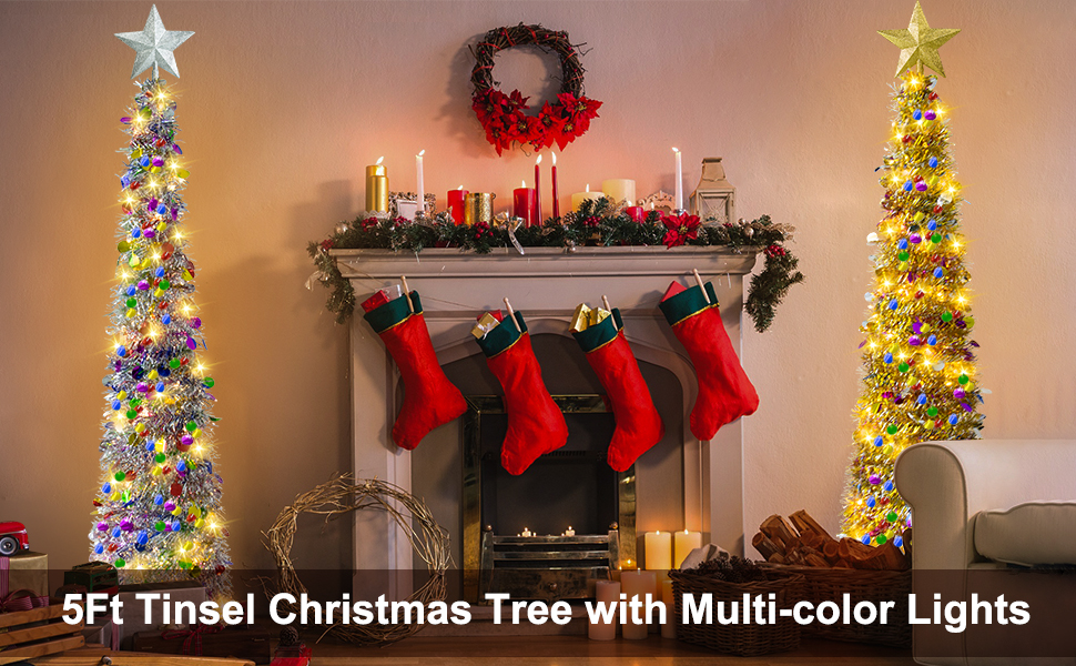 5FT Pop Up Christmas Tinsel Slim Trees with Plump Shiny