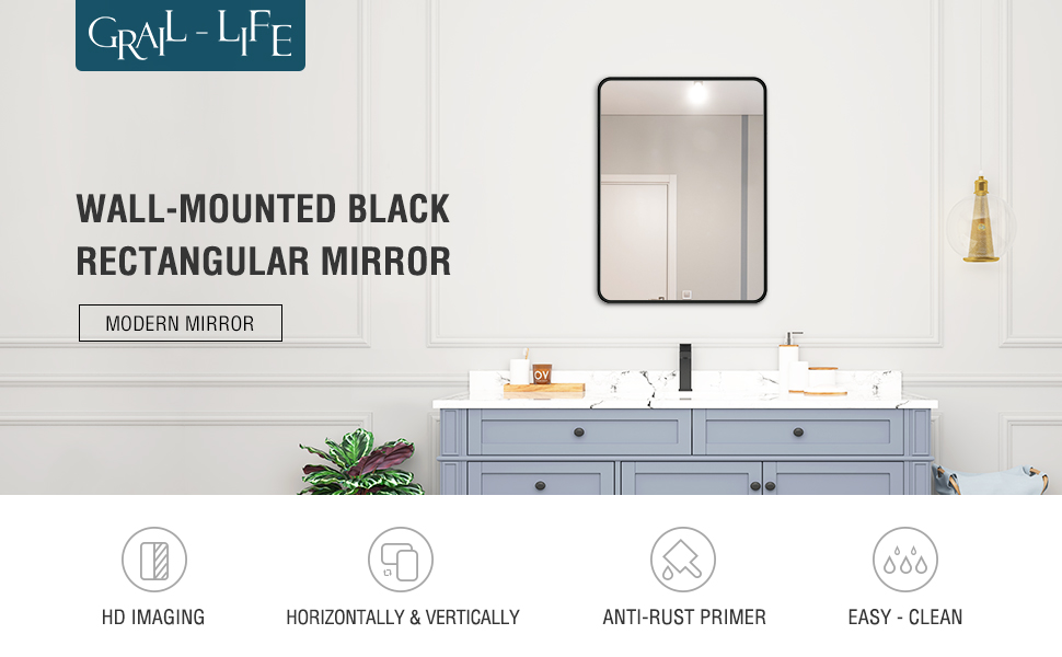 GrailLife 24 x 32 Inch Black Rectangle Mirror,Bathroom