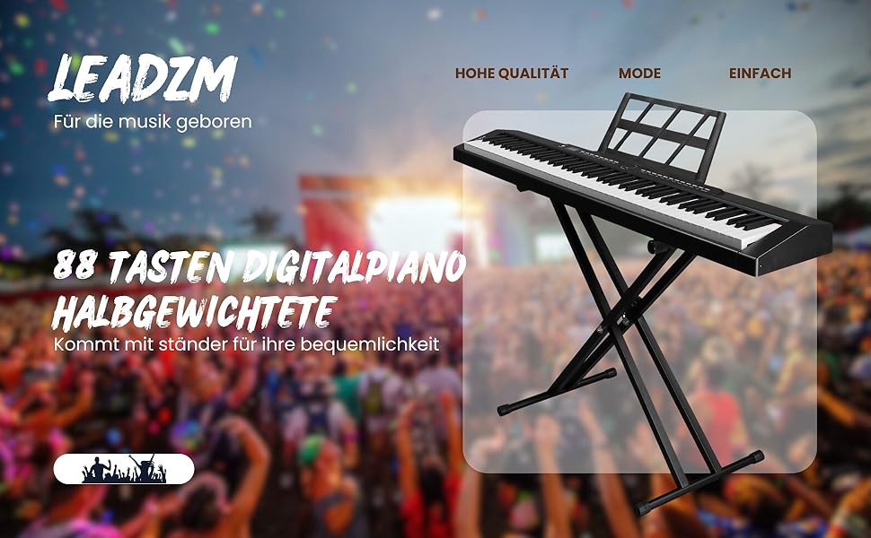 Digitale piano met 88 toetsen en verzwaarde toetsen op een stevige standaard. Strak zwart ontwerp geschikt voor gebruik op het podium of thuis.