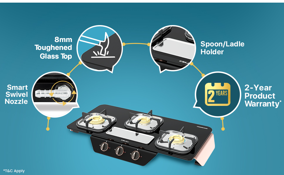Bajaj Gf8 Frameless Glasstop Gas Stove, 3 Burner with 1 Jumbo Burner