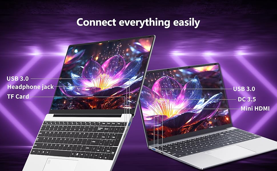 El texto dice «Conecta todo fácilmente». Anuncio publicitario sobre periféricos de ordenador en el que se muestra el teclado con efectos de iluminación morados y las especificaciones de los puertos incluyen «USB 3.0» y «DC 5.5».