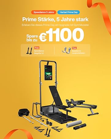 Text reads 'Prime Stärke, 5 Jahre stark' and 'Spare bis zu €1100'. Product images showing exercise equipment including weight bench and attachments against yellow background.