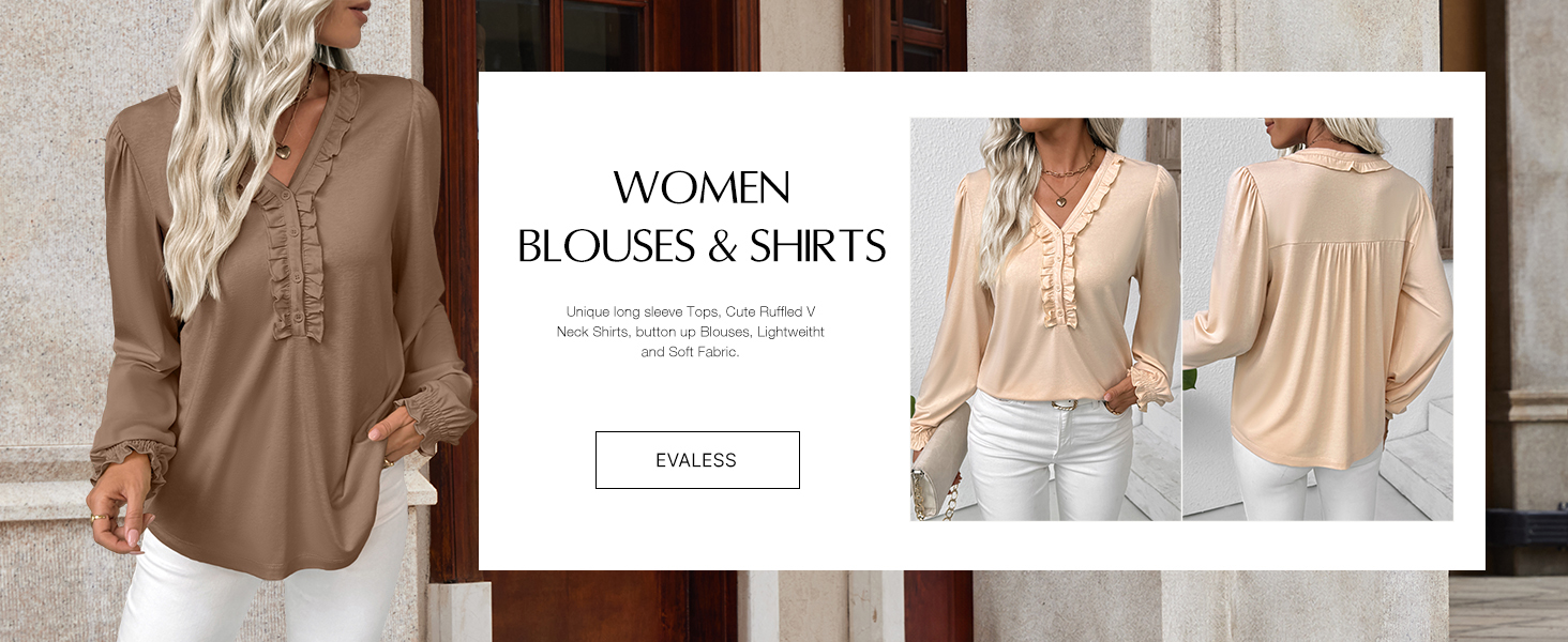 EVALESS Long Sleeve Shirts for Women Cute V Neck Tops Basic Blouses Fall Outfits Fashion Clothing
