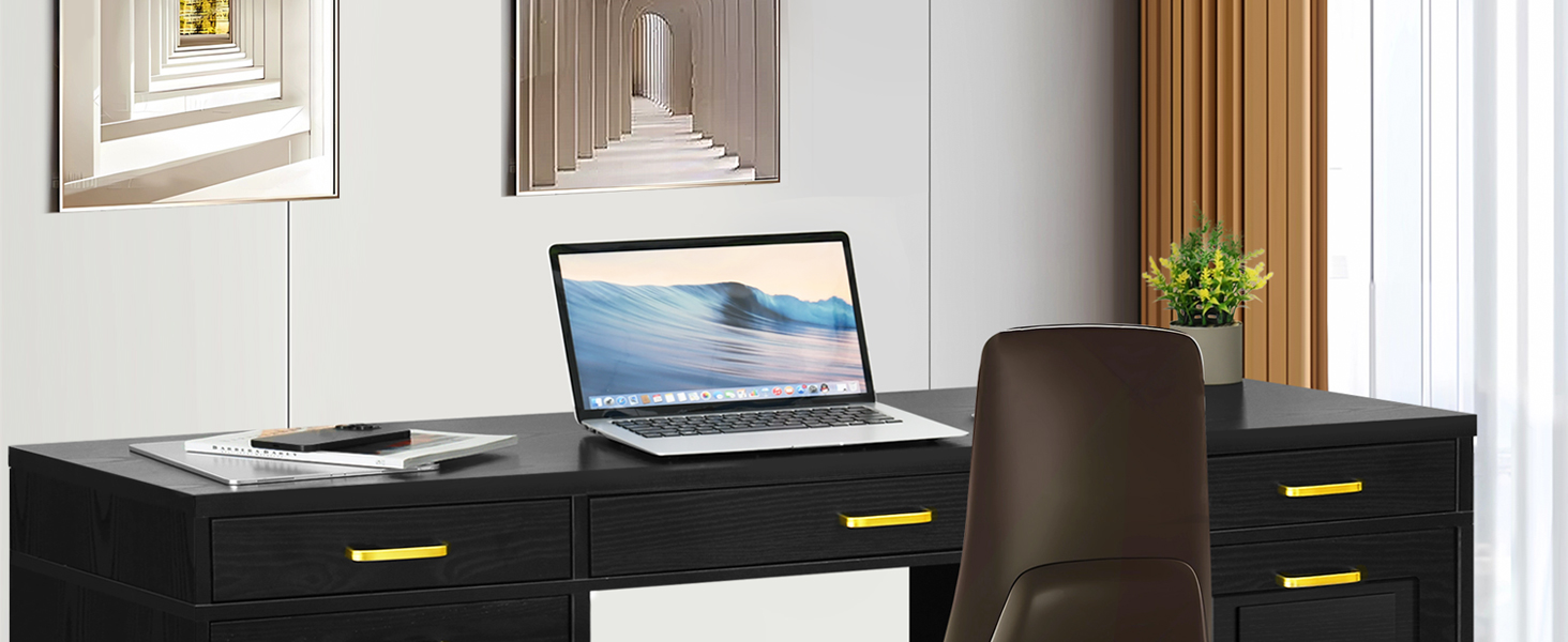 MaverickFurni 57 Inch Black and Gold Executive Desk with 7