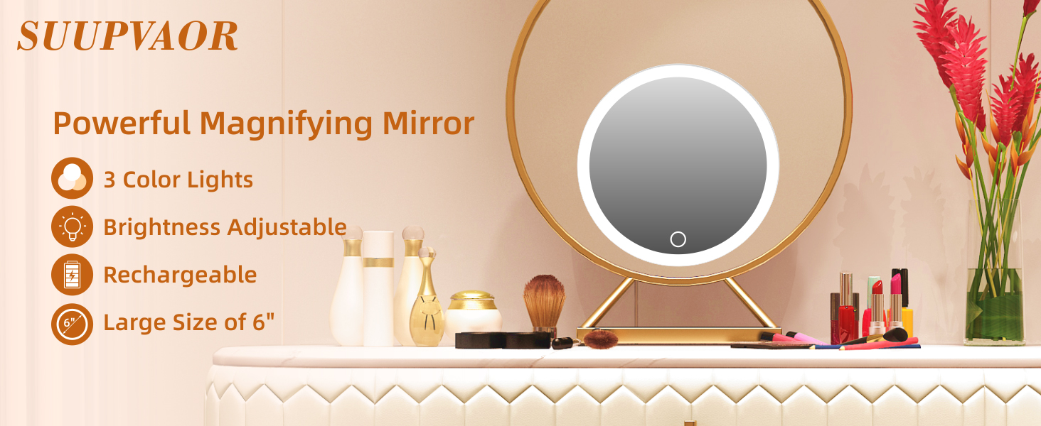 Magnifying Mirror with Light 10x, 3 Color Modes Dimming 6