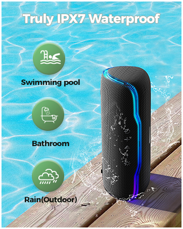 Cylindrical black waterproof speaker with blue LED accent light, rated IPX7 for use in swimming pools, bathrooms, and outdoor settings.