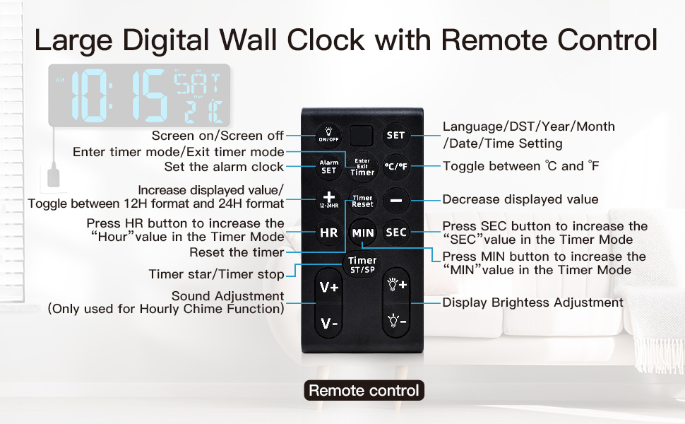 XREXS Large Digital Wall Clock with Remote Control, 16.5 Inch LED Large