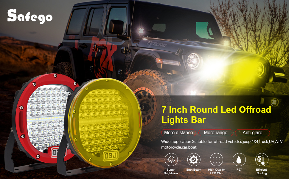 Round Led light bar,Safego 7 Inch Red round LED Offroad lights Driving