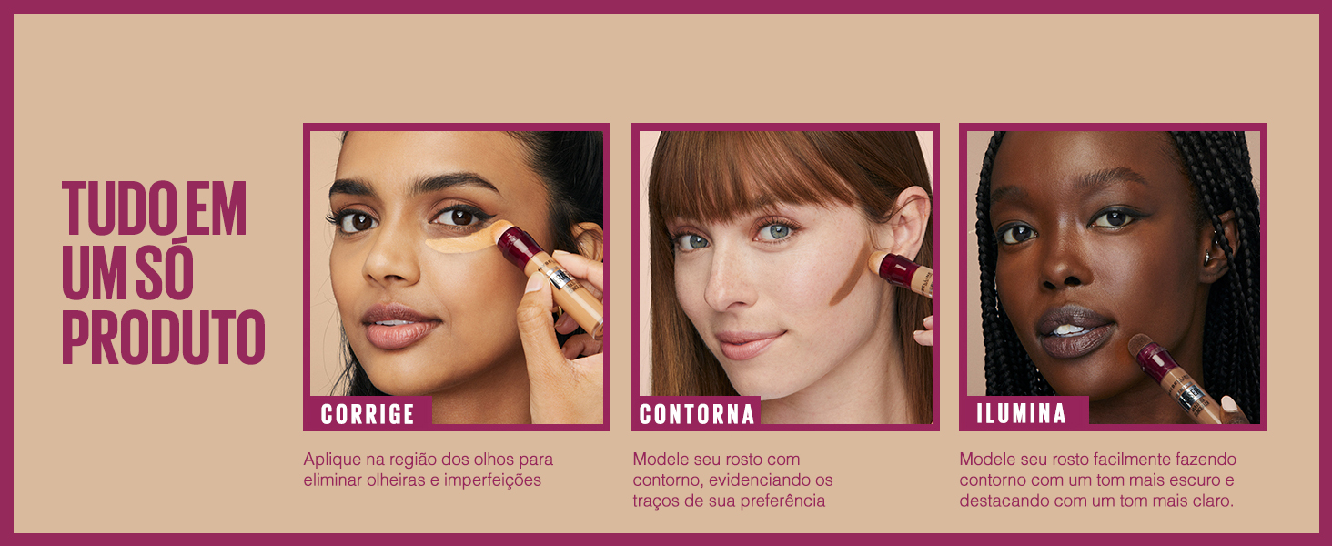 Três modelos de diferentes etnias usando o corretivo com a frase tudo em um só produto