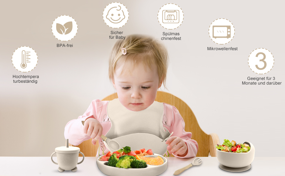 Child in highchair eating from plate with vegetables. Icons show product features: BPA-free, dishwasher safe, temperature resistant, environmentally friendly, and suitable for 3+ months.
