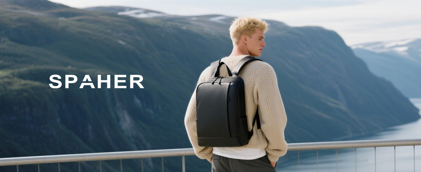 Le texte indique « SPAHER ». Scènes d'aventure en plein air montrant l'utilisation d'un sac à dos sur fond de paysage de montagne.