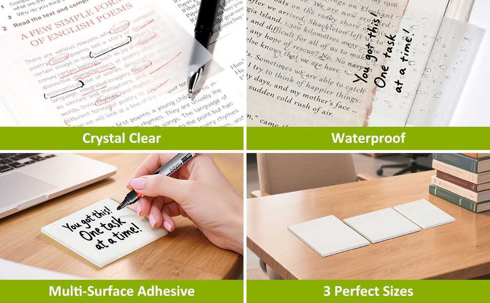Clear sticky notes, Waterproof sticky notes, 3sizes see through, & adhesive notes for multi surface
