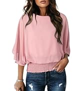 Dokotoo Women Blouses Dressy Casual 3/4 Length Sleeve Womens Tops Boat Neck Batwing Dolman Top