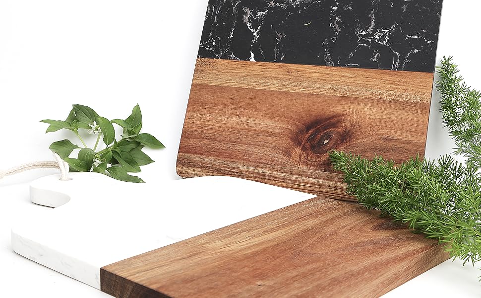 Cutting Board with Marble and Natural Wood,Serving Board for Steak Fruits with Handle
