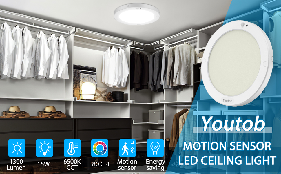 Youtob Motion Sensor LED Ceiling Light 15W 1300LM Flush Mount Ceiling
