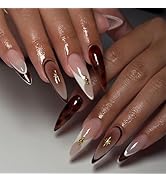 IMRAIN Press on Nails Long Stiletto Fake Nails Brown Amber French Nail Tips Full Cover Glossy Acr...