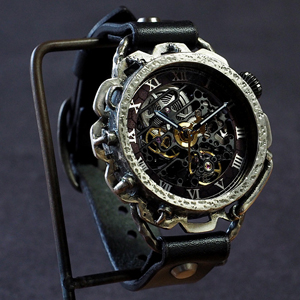 ハンドメイド 手作り 機械式 腕時計 ウォッチ スケルトン 蓄光 スチームパンク アンティーク レトロ 大きい おしゃれ メンズ レディース 革 革ベルト 本革 日本製 国産