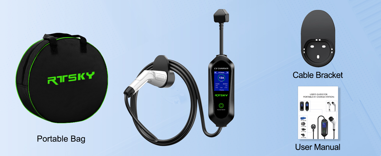 Electric vehicle charging accessories: black round portable bag, charging cable with LCD display, wall-mounted cable bracket, and user manual. Green 'RTSKY' text on bag.
