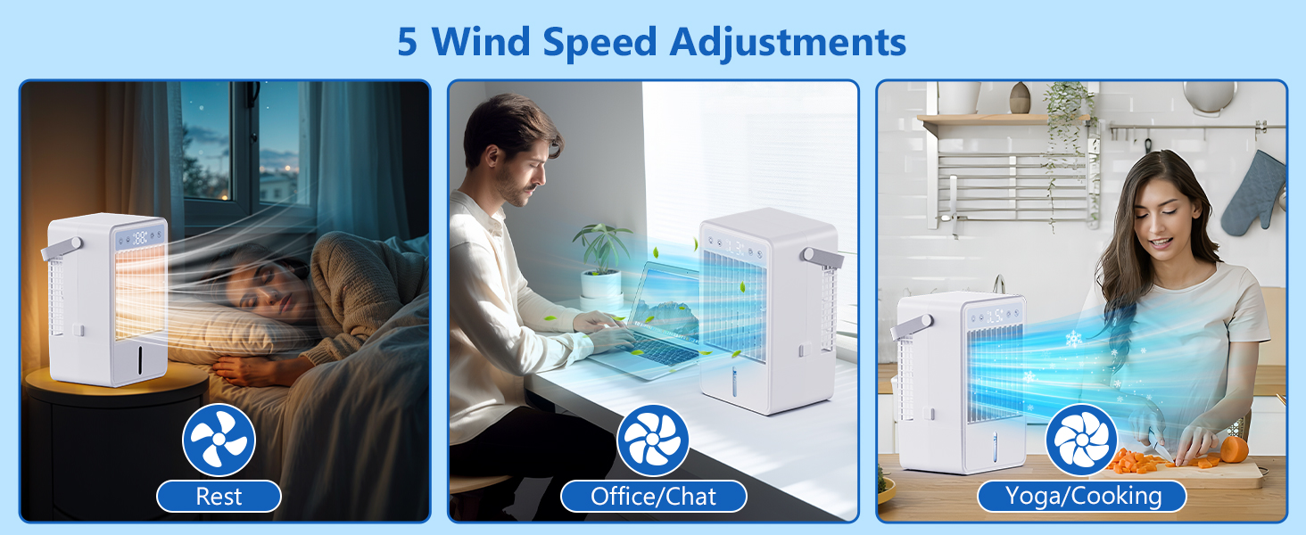 Portable air conditioner unit shown in three usage scenarios, featuring 5 wind speed adjustments and cooling capabilities for different room settings.