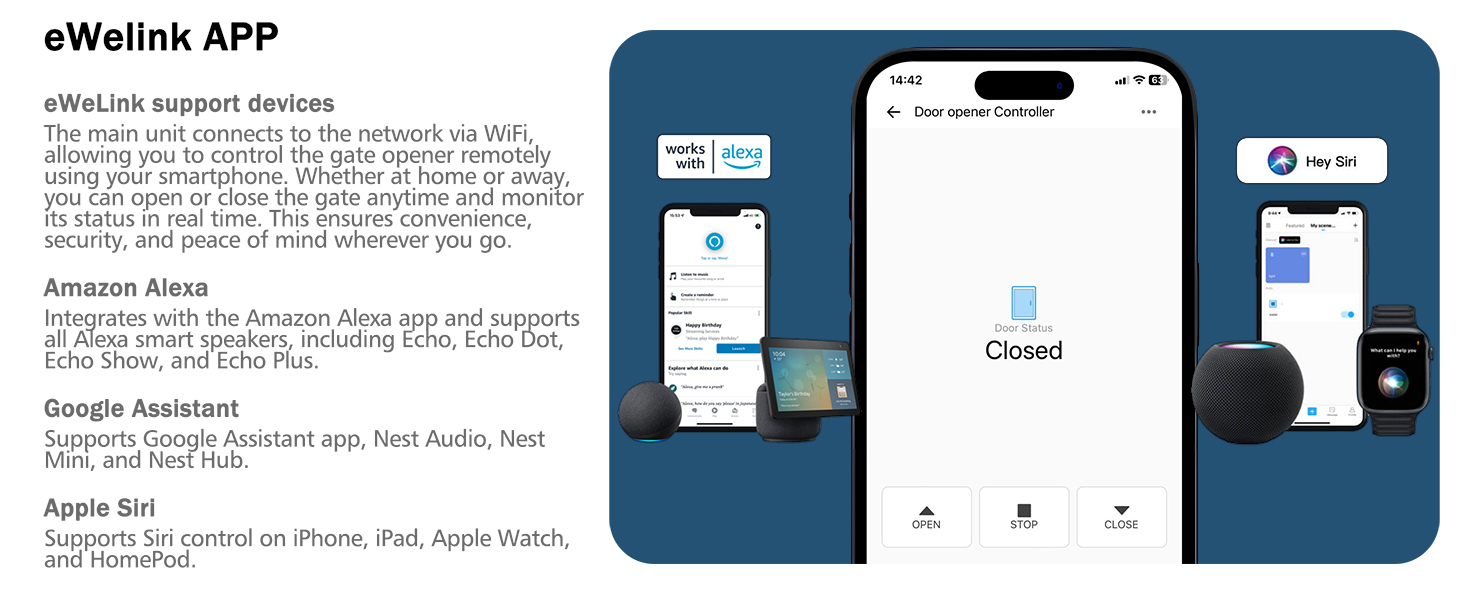 Smart WiFi control, eWeLink app compatible, smartphone remote access sliding gate opener