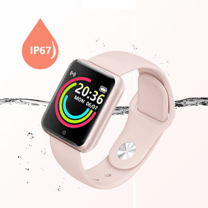Smartwatch with pink band. Square display shows colorful fitness tracking rings. Water drop icon indicates water resistance.
