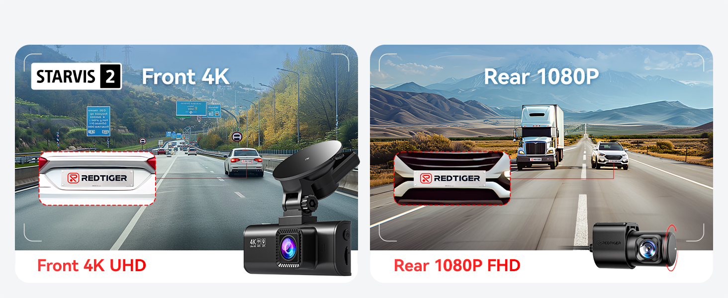 Text reads 'Front 4K' and 'Rear 1080P FHD'. Dashboard camera system shown mounted in vehicle with front and rear viewing capabilities.