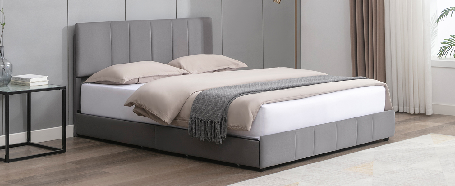 Mjkone Queen Size Platform Bed Frame with 4 Storage Drawers