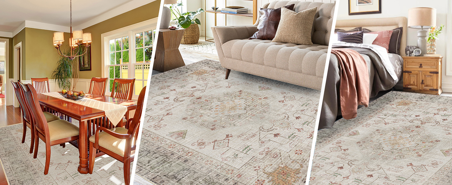 Washable Boho Area Rug 5'×7' Taupe Tan Boho Large Living