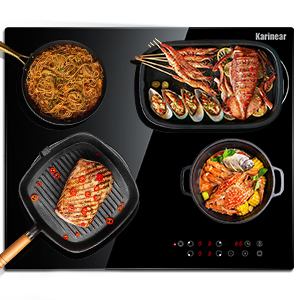 Karinear Ceramic Hob, 60cm Built-in 4 Zones Electric Cooktop With Dual Oval Zone 6600W, Hard Wired, No Plug Included 11 ceramic hob