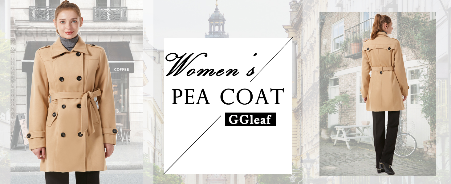 GGleaf Women's Double Breasted Pea Coat Slim Winter Mid-Long Trench Coat with Long Belt