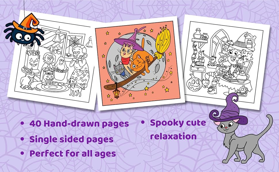 40 Hand drawn pages. Single sides pages. Spooky cute relaxation. Perfect for all ages