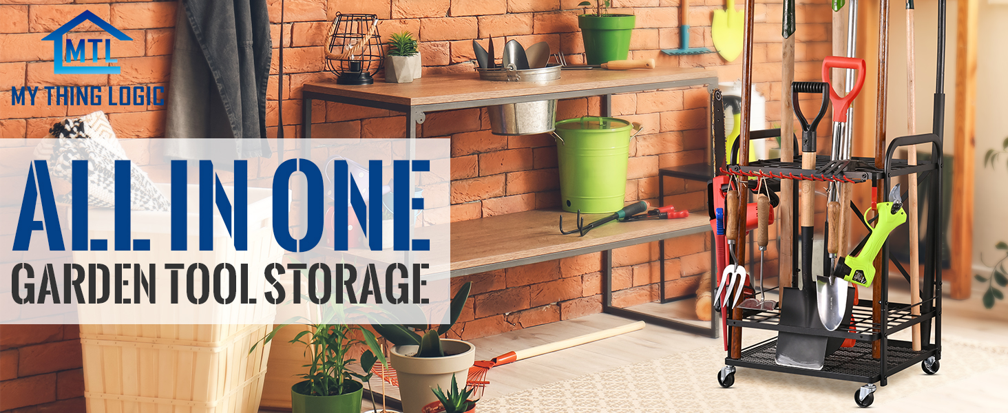 Mythinglogic Garden Yard Tool Organizer for Garage with Wheels, Yard Tool Racks