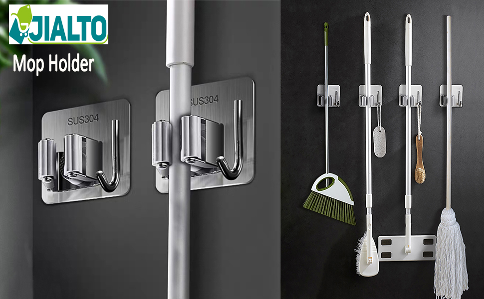 JIALTO Adhesive Mop Holder and Broom Holder Wall Mounted Steel