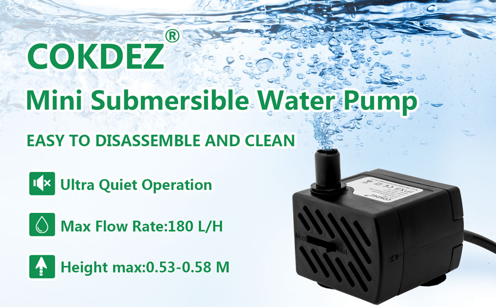 COKDEZ Mini-Tauchwasserpumpe. Schwarzes kubisches Gerät mit Netzkabel. Merkmale: extrem leiser Betrieb, 180 l/h Durchflussrate, 0,53–0,58 m maximale Höhe, leicht zu zerlegen und zu reinigen.