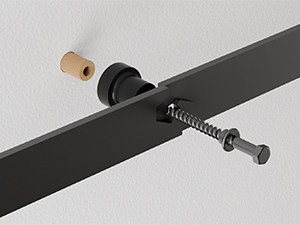 Technisches Diagramm mit Nahaufnahmen einer schwarzen Halterung oder eines Schienensystems mit Einstellschrauben und Montageteilen.