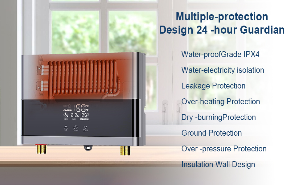 Interfaz de dispositivo electrónico que muestra múltiples funciones de protección, incluyendo protección contra agua, fugas y sobrecalentamiento con clasificación IPX4