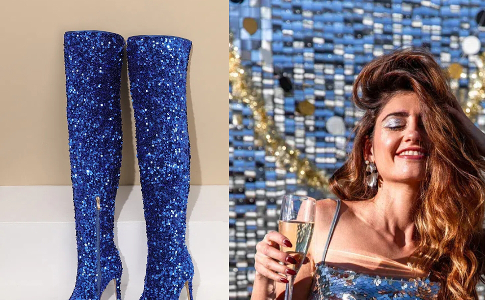 Amazon.com | XEYANFYS Women's Glitter Thigh High Boots Over