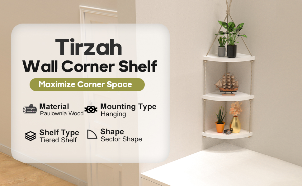 Tirzah 3Tier Hanging Wall Corner Shelf with Rope, 23cm White Real Wood