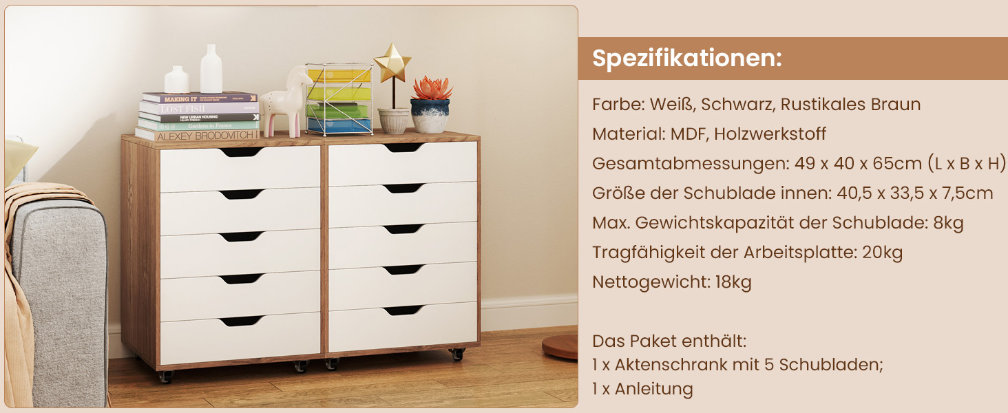 Weiße Aufbewahrungseinheit mit mehreren Schubladen auf Rädern. In den Spezifikationen sind Abmessungen, Gewichtskapazität und Materialien aufgeführt. Auf der Oberseite befinden sich Dekorationsgegenstände und Bücher.