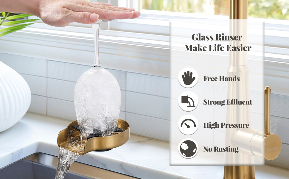 WOWOW Stainless Steel Glass Rinser for Kitchen Sink, Brushed Gold Kitchen Sink Cup Rinser 360