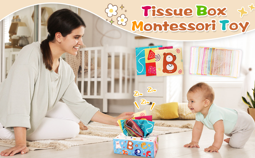 Tissue Box Montessori Toy featuring alphabet blocks and educational cards, displayed on floor