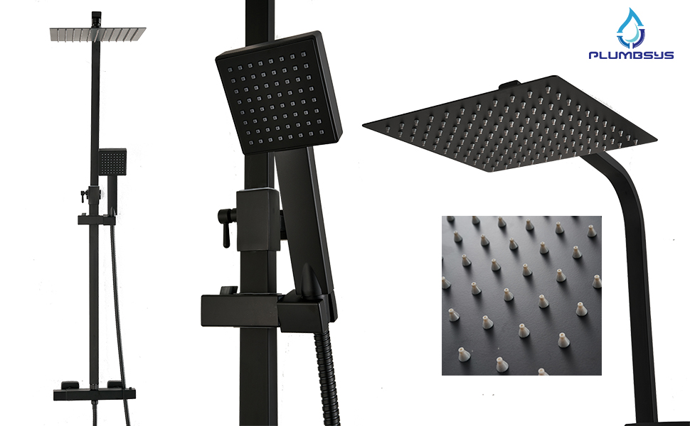 Plumbsys Black Thermostat Shower Mixer Set Square Shower kit 10 inch Stainless Steel Overhead