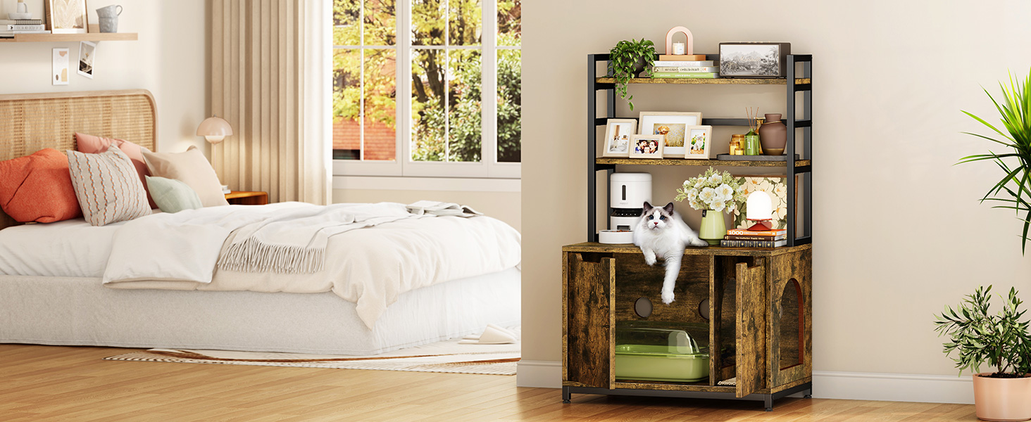 Zarler Large Cat Litter Box Furniture with Shelves Storage, Cat Litter Box Enclosure