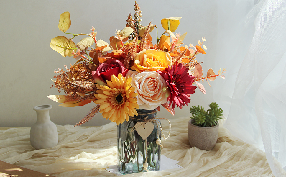 Artificial Flowers in Vase, Faux Flowers with Vase, Silk Fall Orange Rose Flower
