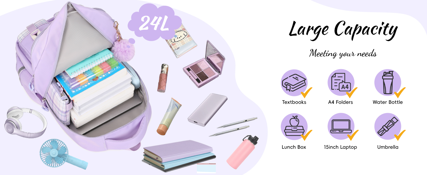 Sac à dos lavande de grande capacité avec plusieurs compartiments, montré ouvert et entouré de fournitures scolaires. Les icônes illustrent les différentes poches pour les cahiers, les crayons et les appareils