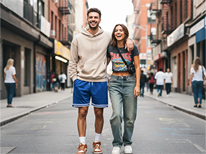 Man wearing HEALONG retro shorts as a streetwear fashion item in the city