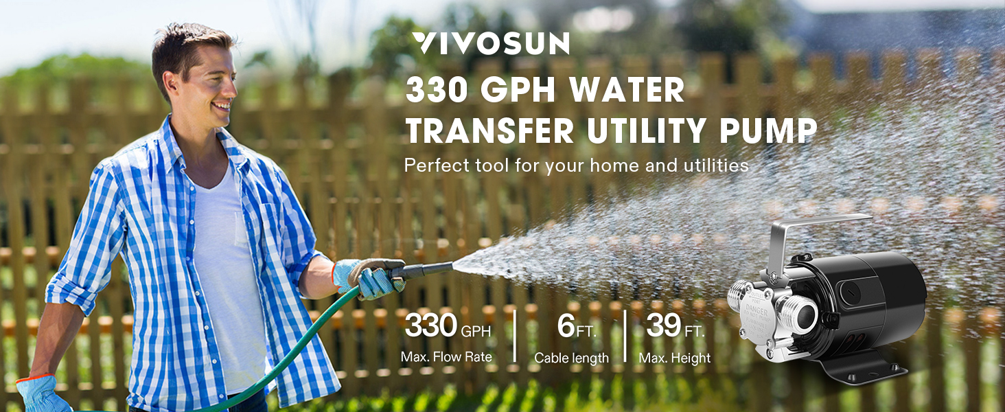 VIVOSUN 330 GPH Water Transfer Utility Pump 115V 1/10HP with Water Hose