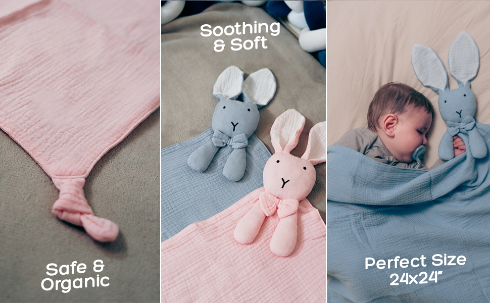 baby security blanket, muslin lovey, snuggle toy, newborn comfort, soft bunny plush